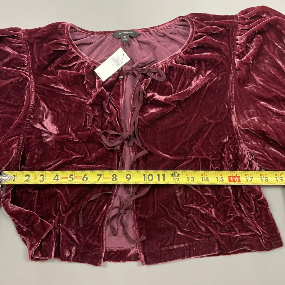 Banana Republic Velvet Tie Front Puff Sleeve Top Burgundy Retail $110